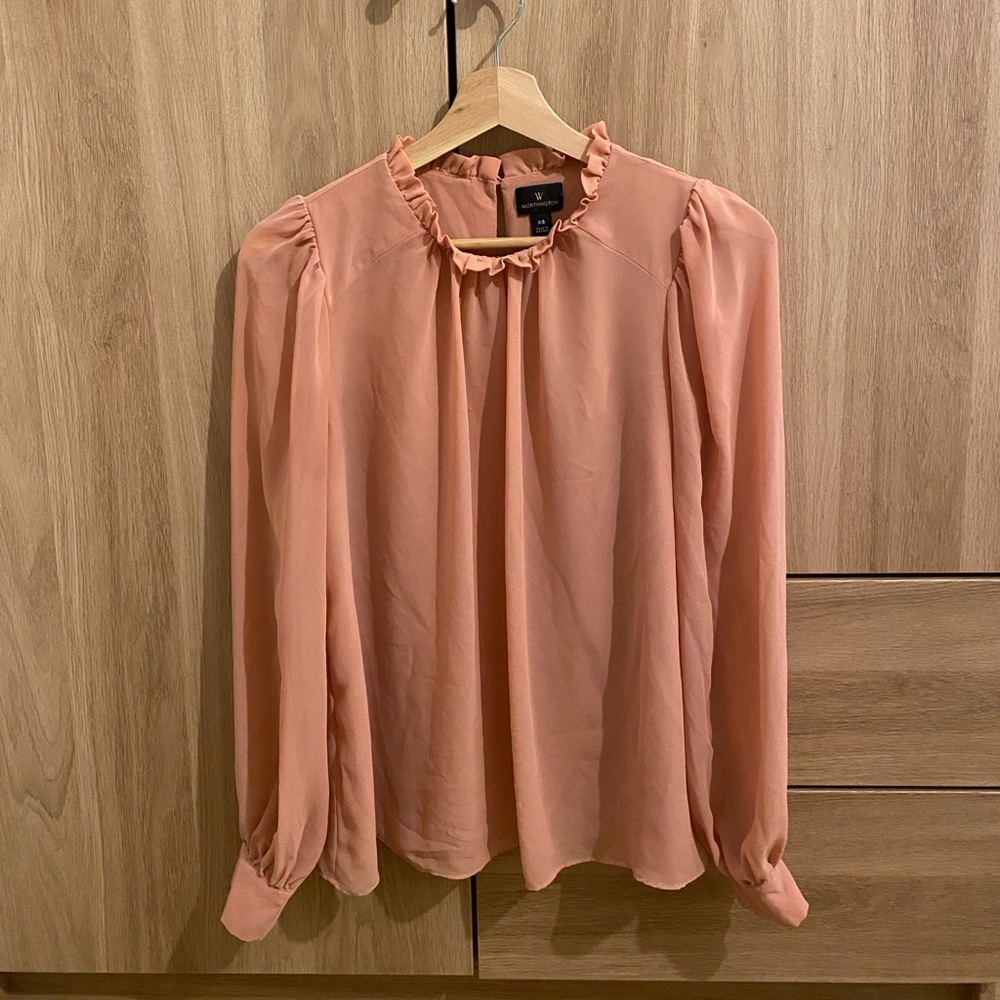 Womens Pink Blouse Ruffles Balloon Sleeve